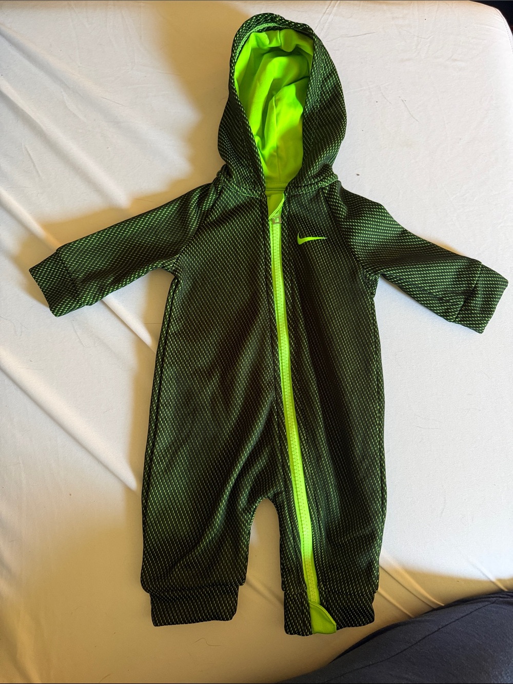 Nike Black and Neon Green Hooded Baby Footie One-Piece
